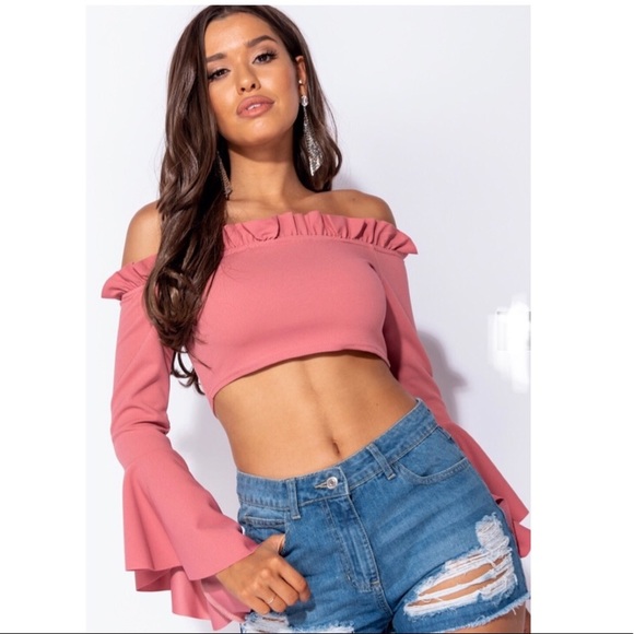 Flare Sleeve Cropped Bardot Top - Picture 7 of 8